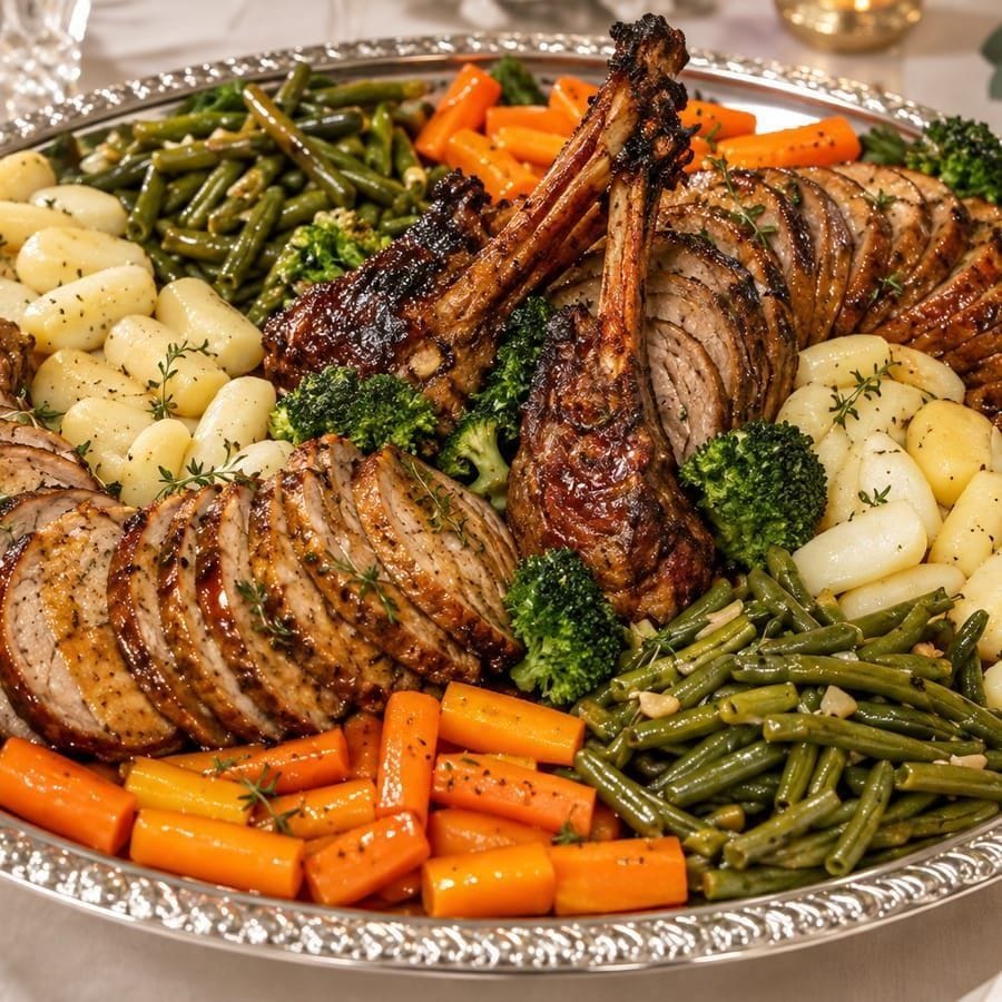 Grand plat de rôtis tranchés, gnocchis et légumes pour un buffet