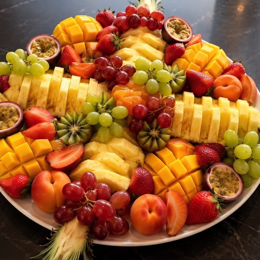 Plateau de fruits frais découpés : ananas, mangue et raisin